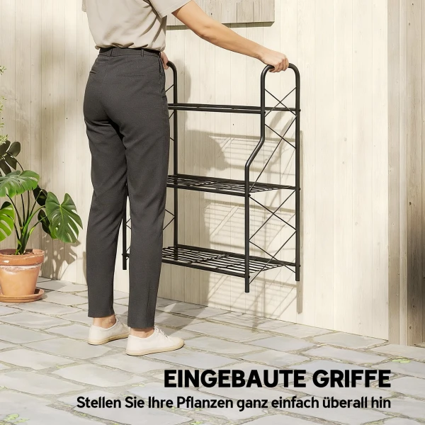 3 laags Plantenstandaard, 78 Cm Hoog Bloemenstandaard Met Handvatten, Metalen Plantenrek Zwart
