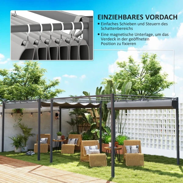 3 X 3 M Tuin Pergola Met Intrekbaar Dak, Paviljoen, Baldakijn Voor Schaduw, UPF30+, Grijs