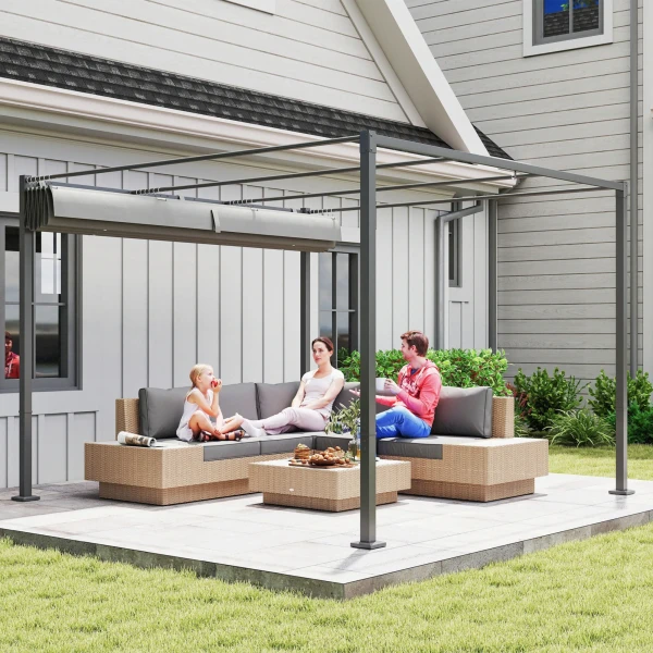 3 X 3 M Tuin Pergola Met Intrekbaar Dak, Paviljoen, Baldakijn Voor Schaduw, UPF30+, Grijs