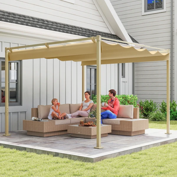 3 X 3 M Tuin Pergola Met Intrekbaar Dak, Paviljoen, Baldakijn Voor Schaduw, UPF30+, Khaki