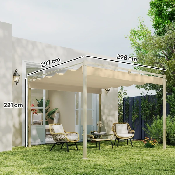 3 X 3 M Tuin Pergola Met Intrekbaar Dak, Paviljoen, Baldakijn Voor Schaduw, UPF30+, Khaki