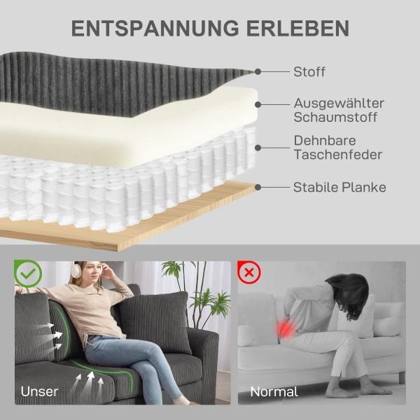 3 zits Bank Met Sierkussens, Corduroy Sofa Voor Woonkamer, Slaapkamer, 212 Cm Breed, Donkergrijs