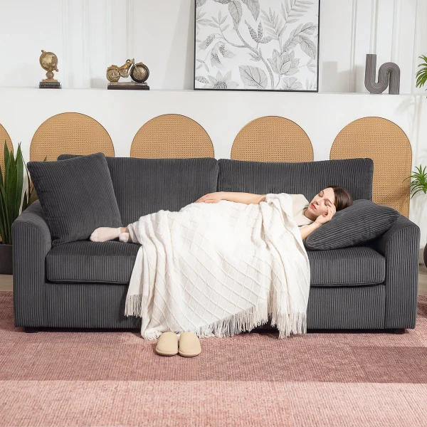 3 zits Bank Met Sierkussens, Corduroy Sofa Voor Woonkamer, Slaapkamer, 212 Cm Breed, Donkergrijs