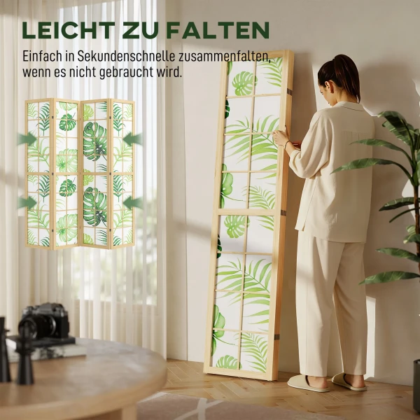 4 delige Kamerscherm, Opvouwbaar, Boho ontwerp, Tropisch Motief, Vrijstaande Kamerscherm, Houten Frame, Groen