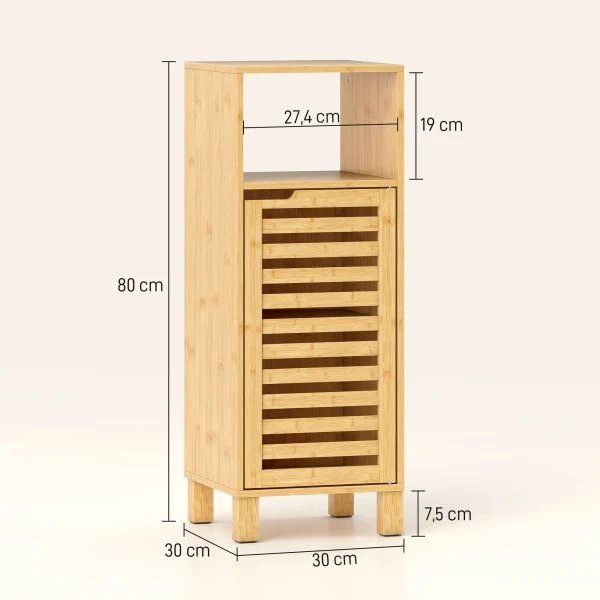 Badkamerkast, Open Rek, Kast, Bamboehout, Lamellendeur, Lichtbruin