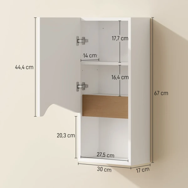 Badkamerkast Wandkast Met Soft Close Deur En Open Vak 30 X 17 X 67 Cm Wit