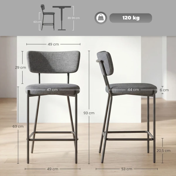 Barkrukken In Set Van 2, Gestoffeerde Barkrukken Met Gebogen Rugleuning, Voor Keukeneiland, Ontbijtruimte, Grijs