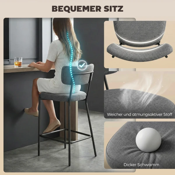 Barkrukken In Set Van 2, Gestoffeerde Barkrukken Met Gebogen Rugleuning, Voor Keukeneiland, Ontbijtruimte, Grijs