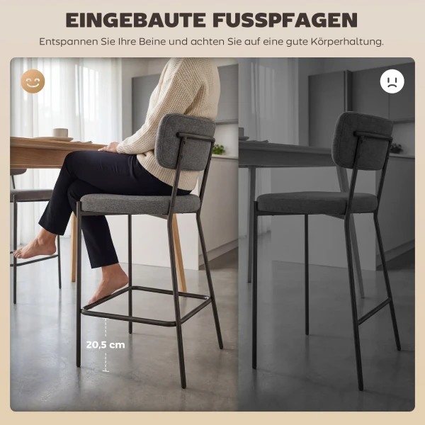 Barkrukken In Set Van 2, Gestoffeerde Barkrukken Met Gebogen Rugleuning, Voor Keukeneiland, Ontbijtruimte, Grijs