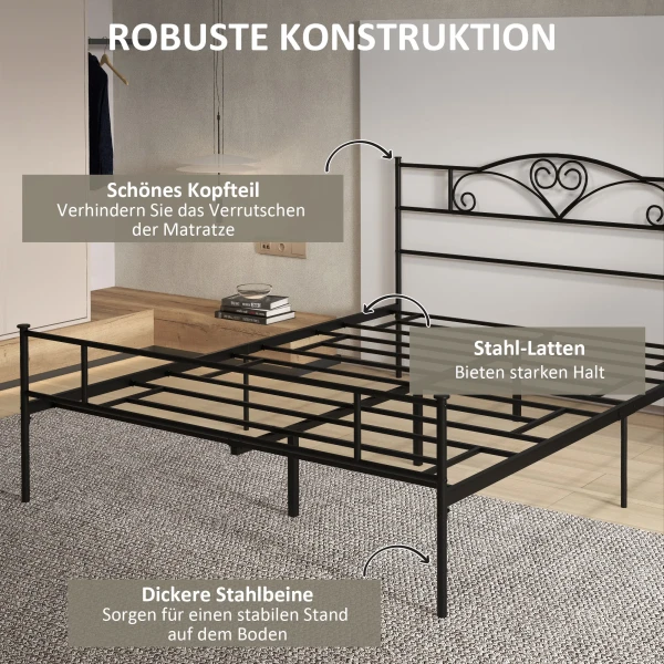 Bed 165 X 207 Cm Bedframe Met Lattenbodem Van Staal, Onderbedopslag, Tweepersoonsbed, Zwart