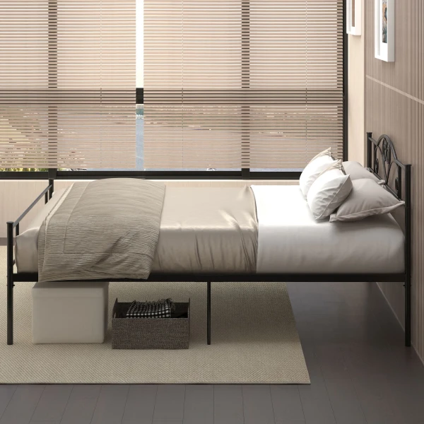 Bed 165 X 207 Cm Bedframe Met Lattenbodem Van Staal, Onderbedopslag, Tweepersoonsbed, Zwart