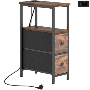 Bijzettafel Salontafel Met Oplaadstation, Stalen Frame, 2 Stoffen Lades, Open Vak, 20cm X 40cm X 63cm, Rustiek Bruin