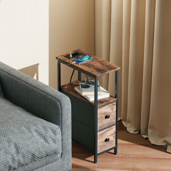 Bijzettafel Salontafel Met Oplaadstation, Stalen Frame, 2 Stoffen Lades, Open Vak, 20cm X 40cm X 63cm, Rustiek Bruin