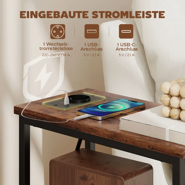 Bijzettafel Salontafel Met Oplaadstation, Stalen Frame, 2 Stoffen Lades, Open Vak, 20cm X 40cm X 63cm, Rustiek Bruin