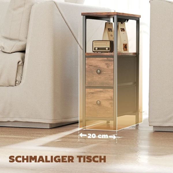 Bijzettafel Salontafel Met Oplaadstation, Stalen Frame, 2 Stoffen Lades, Open Vak, 20cm X 40cm X 63cm, Rustiek Bruin