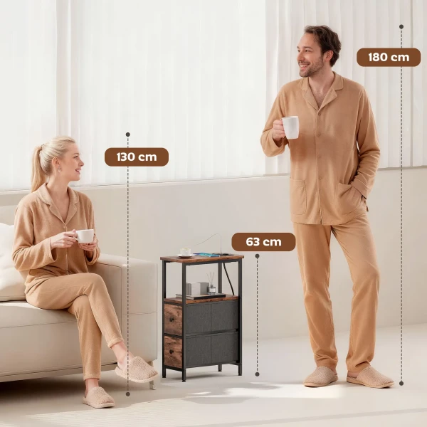 Bijzettafel Salontafel Met Oplaadstation, Stalen Frame, 2 Stoffen Lades, Open Vak, 20cm X 40cm X 63cm, Rustiek Bruin