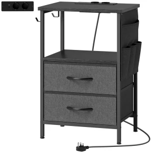 Bijzettafel Salontafel Met Oplaadstation, Stalen Frame, USB C poorten, Laden, Haken, 40cm X 30cm X 60cm Zwart