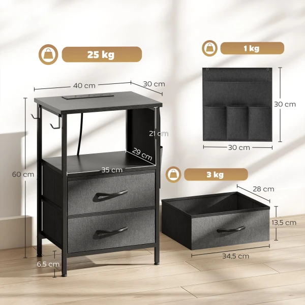 Bijzettafel Salontafel Met Oplaadstation, Stalen Frame, USB C poorten, Laden, Haken, 40cm X 30cm X 60cm Zwart