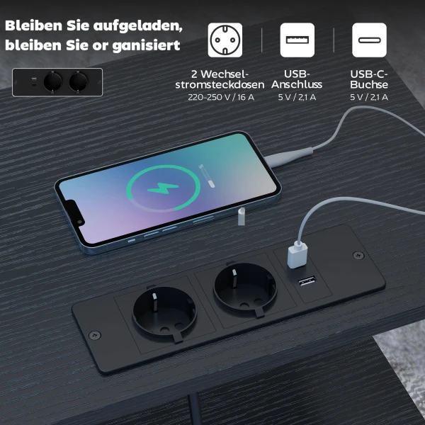 Bijzettafel Salontafel Met Oplaadstation, Stalen Frame, USB C poorten, Laden, Haken, 40cm X 30cm X 60cm Zwart