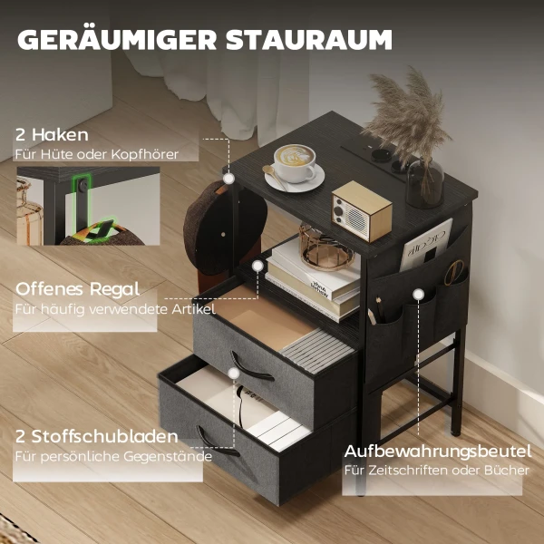 Bijzettafel Salontafel Met Oplaadstation, Stalen Frame, USB C poorten, Laden, Haken, 40cm X 30cm X 60cm Zwart