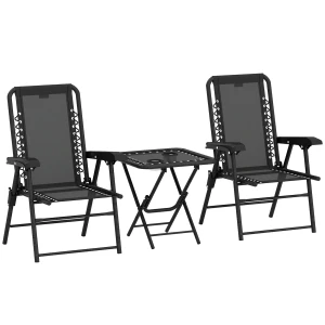 Bistro Set 3 delig Van Staal Weerbestendig Tuinmeubel Set Met Inklapbare Bistrotisch Bekerhouder Tuinstoelen Zwart