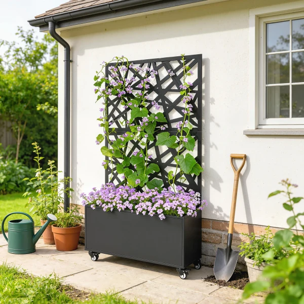 Bloembak Met Zichtbescherming Plantenbak Met Rol Klimrek 90 X 30 X 160 Cm Metaal Zwart