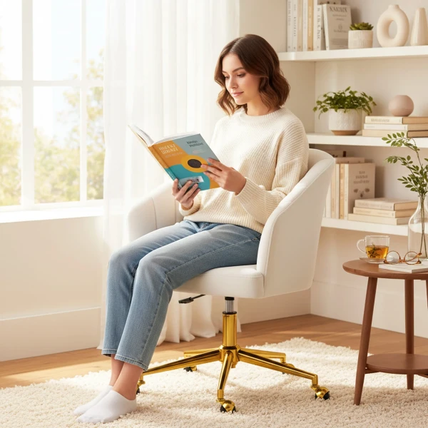 Bureaustoel In Fluweeloptiek, Schuimvulling, In Hoogte Verstelbaar, Rolbaar, Stalen Basis, Crèmewit