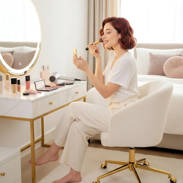 Bureaustoel In Fluweeloptiek, Schuimvulling, In Hoogte Verstelbaar, Rolbaar, Stalen Basis, Crèmewit