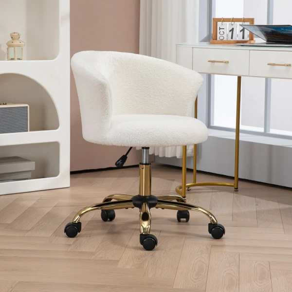 Bureaustoel, In Hoogte Verstelbare Kantoorstoel Met Teddy vacht Uiterlijk 58 X 56 X 68 76 Cm Wit