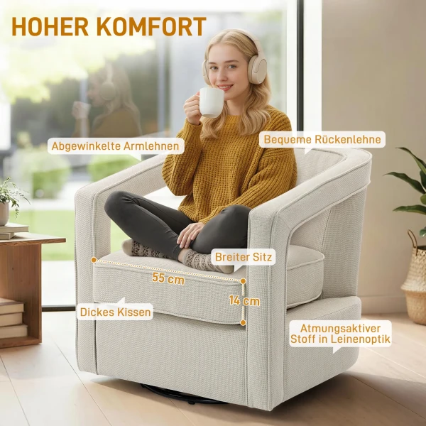 Draaibare Woonkamerstoel 360°, Loungestoel, Relaxstoel Met Eendelig Rugleuning En Armleuningen 77 X 75 X 72 Cm Beige