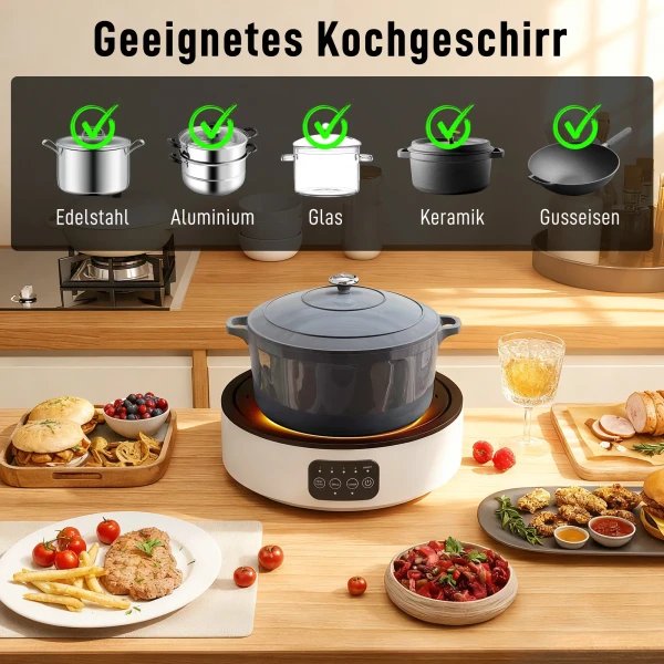Dual Keramische Kookplaat, 2 in 1 Ontwerp, Voor Koken En Grillen, 2000W, 4 Warmteniveaus, LED display, Vetopvangbak, Wit