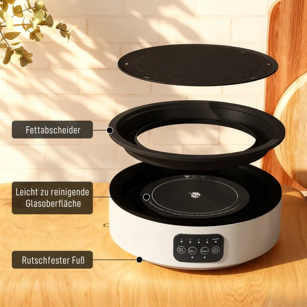 Dual Keramische Kookplaat, 2 in 1 Ontwerp, Voor Koken En Grillen, 2000W, 4 Warmteniveaus, LED display, Vetopvangbak, Wit