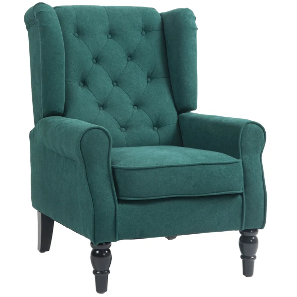 Elegante Oorfauteuil, Dik Gevoerd, Afneembare Hoes, 74 X 86 X 102 Cm, Donkergroen