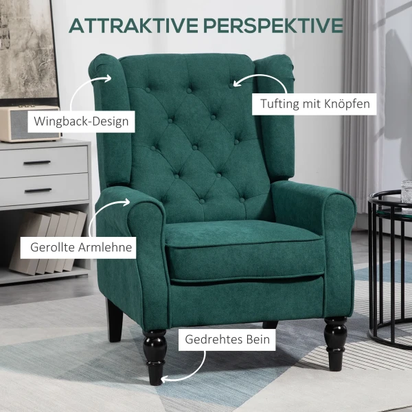 Elegante Oorfauteuil, Dik Gevoerd, Afneembare Hoes, 74 X 86 X 102 Cm, Donkergroen