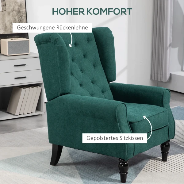 Elegante Oorfauteuil, Dik Gevoerd, Afneembare Hoes, 74 X 86 X 102 Cm, Donkergroen