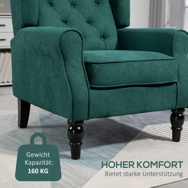 Elegante Oorfauteuil, Dik Gevoerd, Afneembare Hoes, 74 X 86 X 102 Cm, Donkergroen