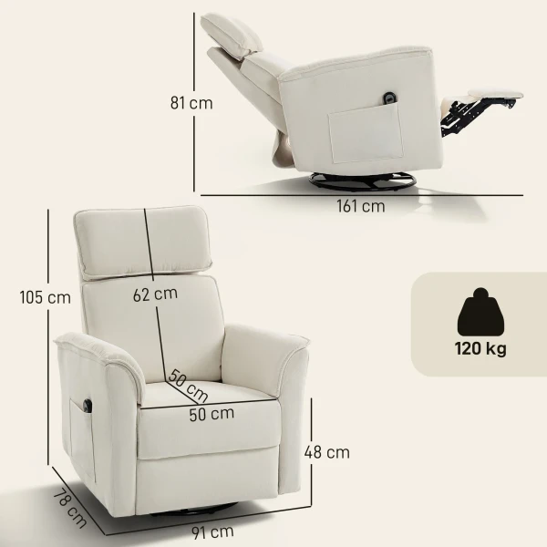 Elektrische Relaxstoel Met Ligfunctie, Verstelbare Rugleuning, Hoofdsteun Voor Woonkamer Crèmewit
