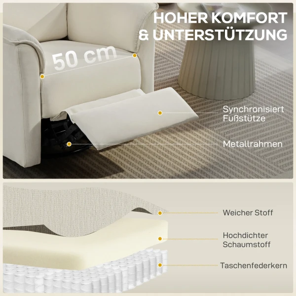 Elektrische Relaxstoel Met Ligfunctie, Verstelbare Rugleuning, Hoofdsteun Voor Woonkamer Crèmewit