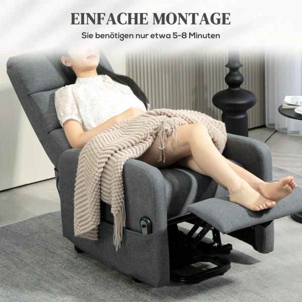 Elektrische Relaxstoel Met Opsta hulp, Afstandsbediening, Zacht Schuim, Zijtas, Linnen look Hoes, Grijs