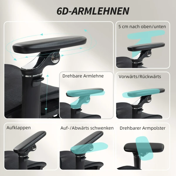 Ergonomische Bureaustoel Met Verstelbare Lenden En Hoofdsteun, 6D Opklapbare Armleuningen, Voetensteun, Net, Zwart