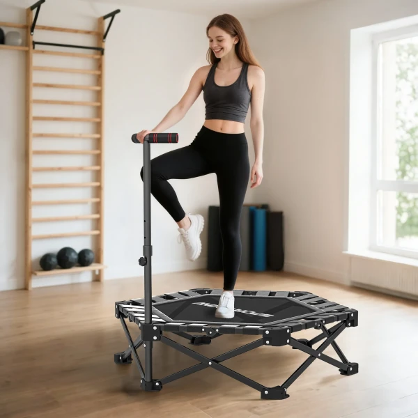 Fitness Trampoline Met Verstelbare T greep, Opvouwbaar, Draagtas, 120 Kg Draagvermogen, Staal, Kunststof, Zwart