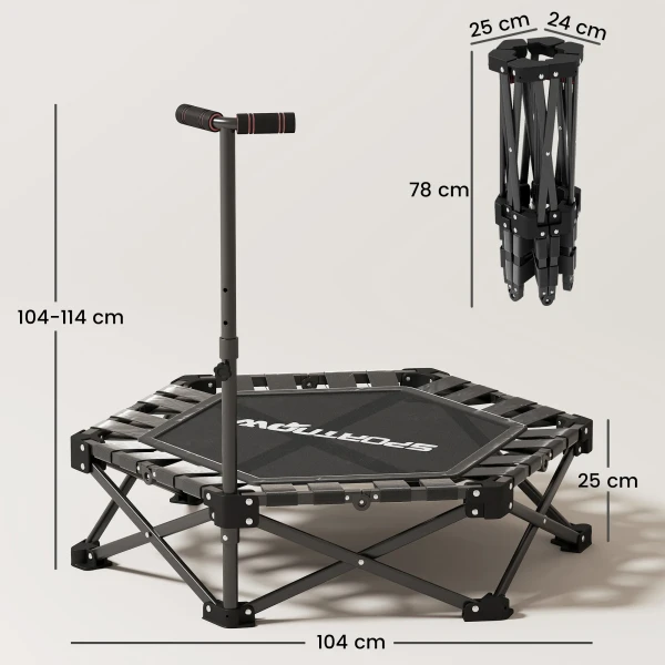 Fitness Trampoline Met Verstelbare T greep, Opvouwbaar, Draagtas, 120 Kg Draagvermogen, Staal, Kunststof, Zwart