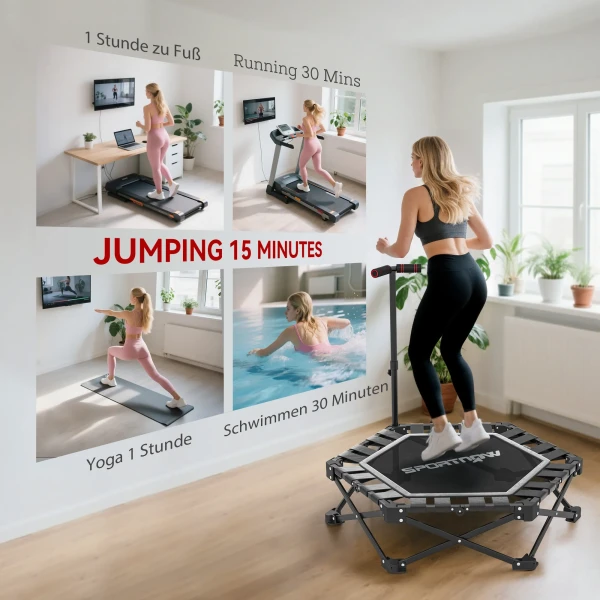 Fitness Trampoline Met Verstelbare T greep, Opvouwbaar, Draagtas, 120 Kg Draagvermogen, Staal, Kunststof, Zwart