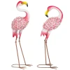 Flamingo Tuinbeelden Set Van 2, Florale Veer Metalen Vogels, Staande Sculpturen Met Grondankers, Rood