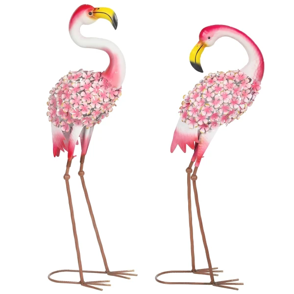 Flamingo Tuinbeelden Set Van 2, Florale Veer Metalen Vogels, Staande Sculpturen Met Grondankers, Rood