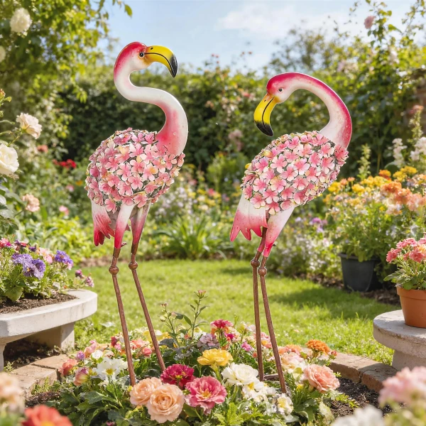 Flamingo Tuinbeelden Set Van 2, Florale Veer Metalen Vogels, Staande Sculpturen Met Grondankers, Rood