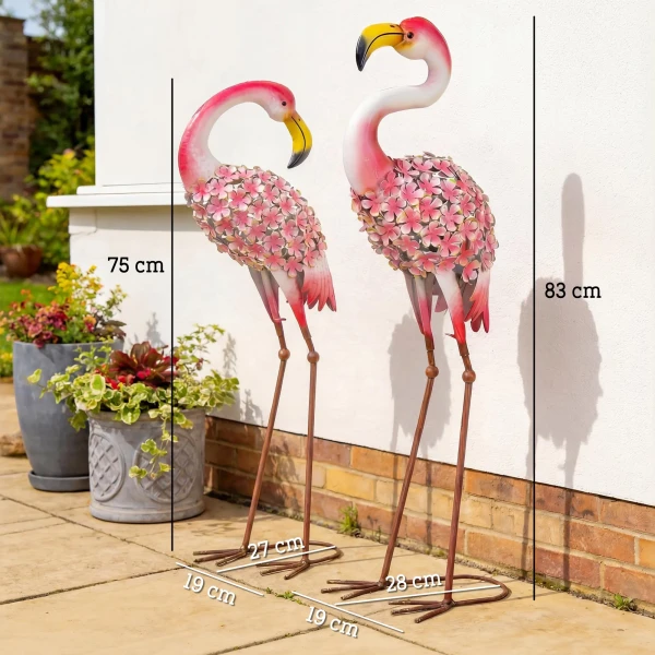 Flamingo Tuinbeelden Set Van 2, Florale Veer Metalen Vogels, Staande Sculpturen Met Grondankers, Rood