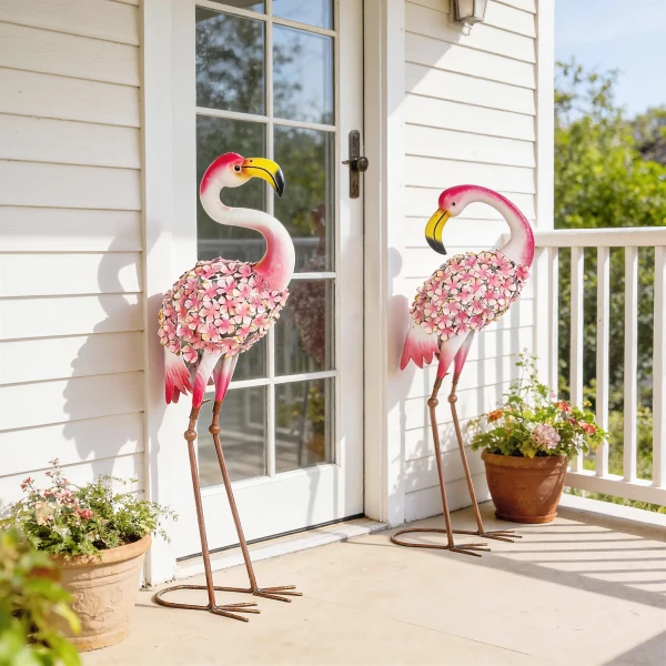Flamingo Tuinbeelden Set Van 2, Florale Veer Metalen Vogels, Staande Sculpturen Met Grondankers, Rood