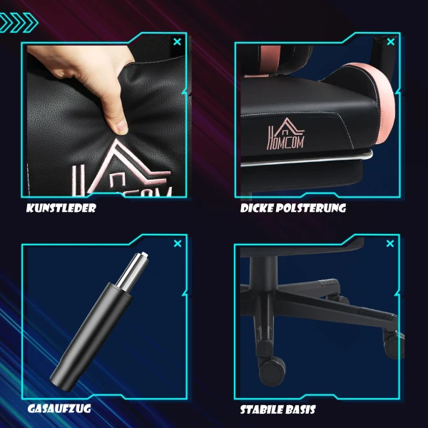 Gaming stoel Met Kattenoren, Kantelbare Rugleuning, Uitschuifbare Voetensteun, Tot 120 Kg, Roze/Zwart