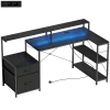 Gaming Tafel L vormig Bureau Met LED & Stopcontacten, Met Dubbele Monitorstandaard, 165x80x91,5 Cm, Zwarte Houtlook